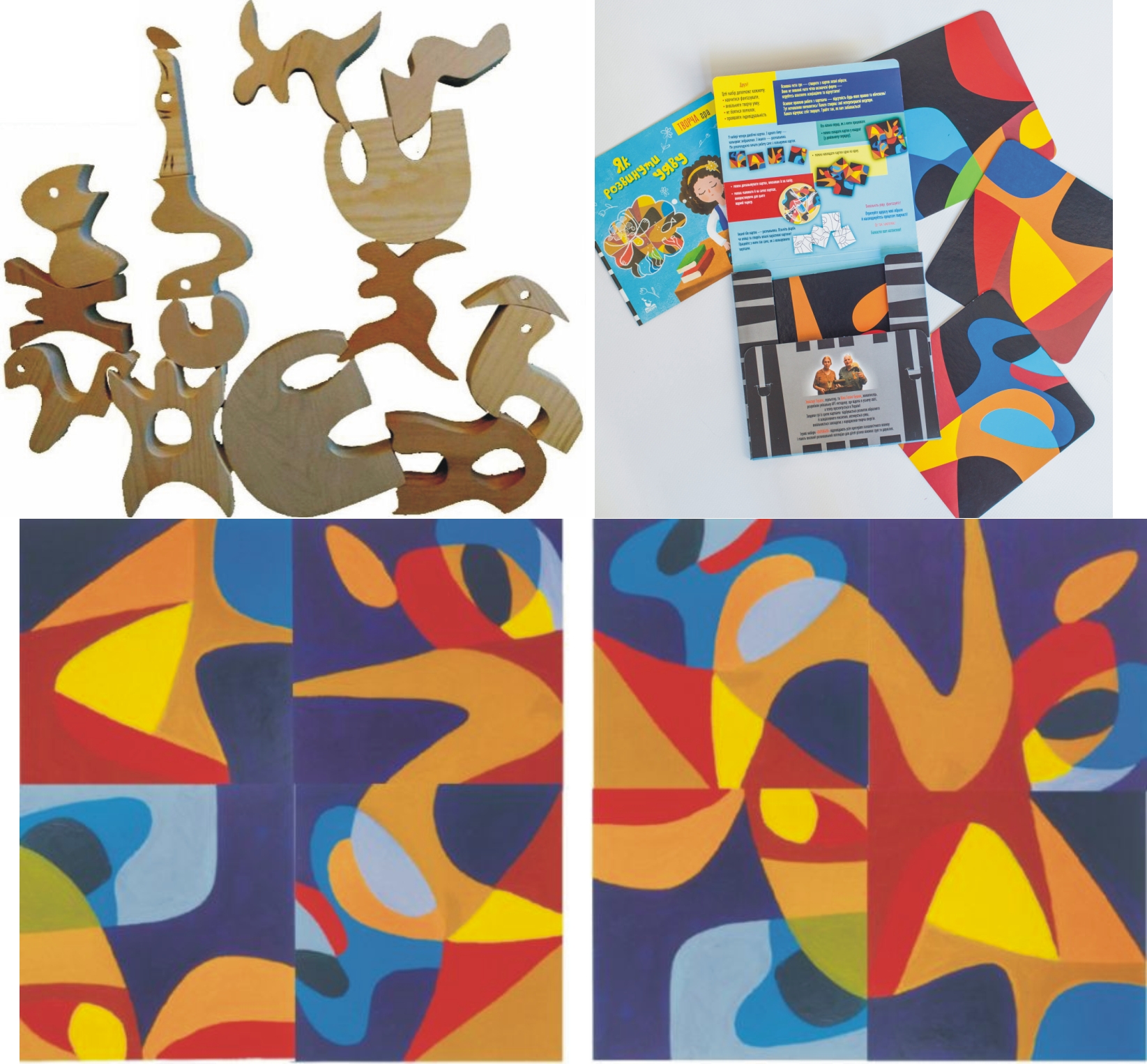 Figure 6: Composition of wooden (top left) und two examples of the 6.144 possible combinations from four pictorial fragments (below)