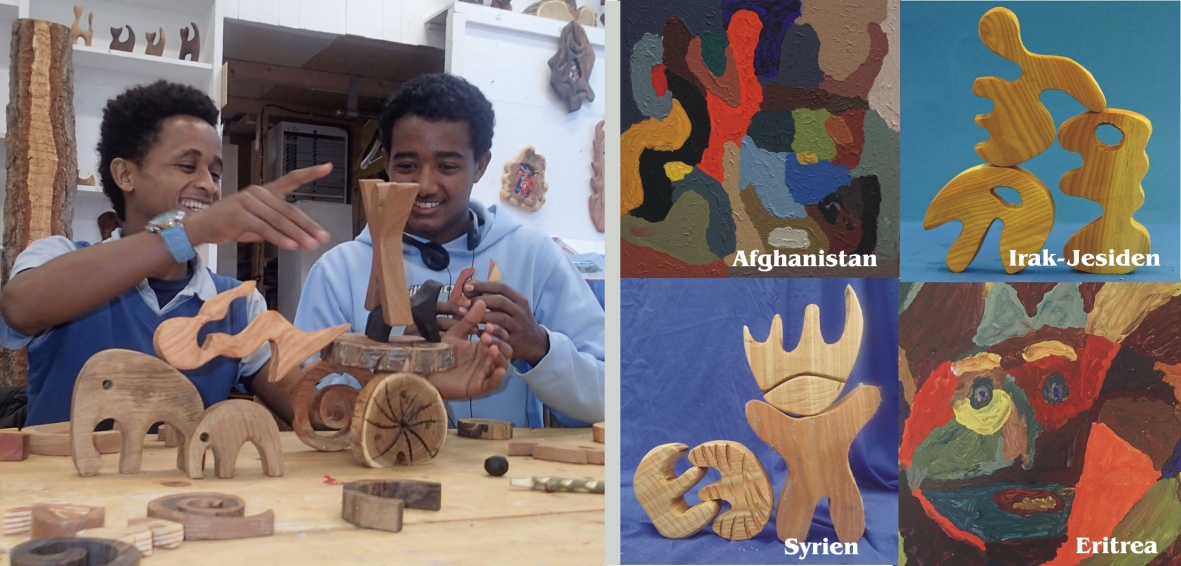 Figures 8 and 9: Workshops with refugees and examples of their work